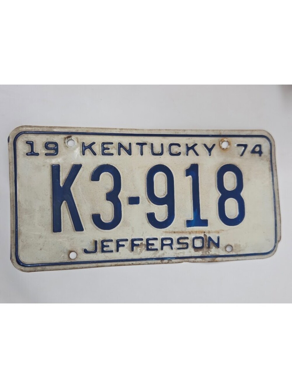 1974 Kentucky Jefferson License Plate K3 918 White Blue Embossed Metal Tag